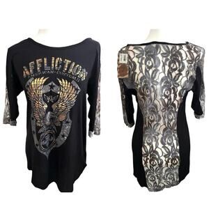 AFFLICTION Death Spade Chrome T-Shirt Blue Braided Back Tee Women’s Sz XL - NWT